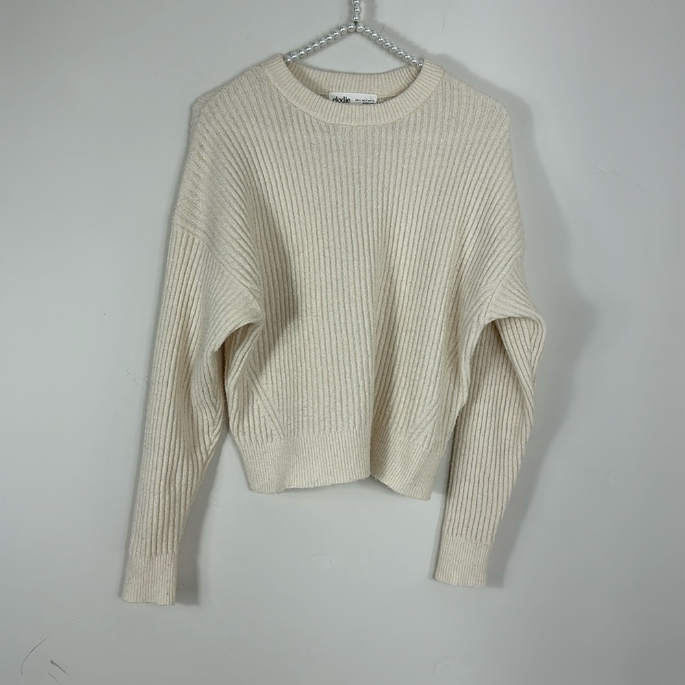 Elodie Cream Crewneck Cropped Ribbed Sweater Medium - Picture 2 of 8